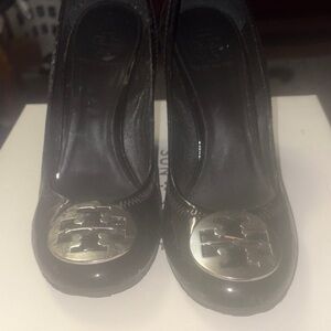 Tory Burch Black Patent wedges with Silver Logo Medallion